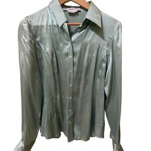 Y2K Vintage Starington 100% Silk Pale Blue Button Up Blouse Size 8 Soft Girl